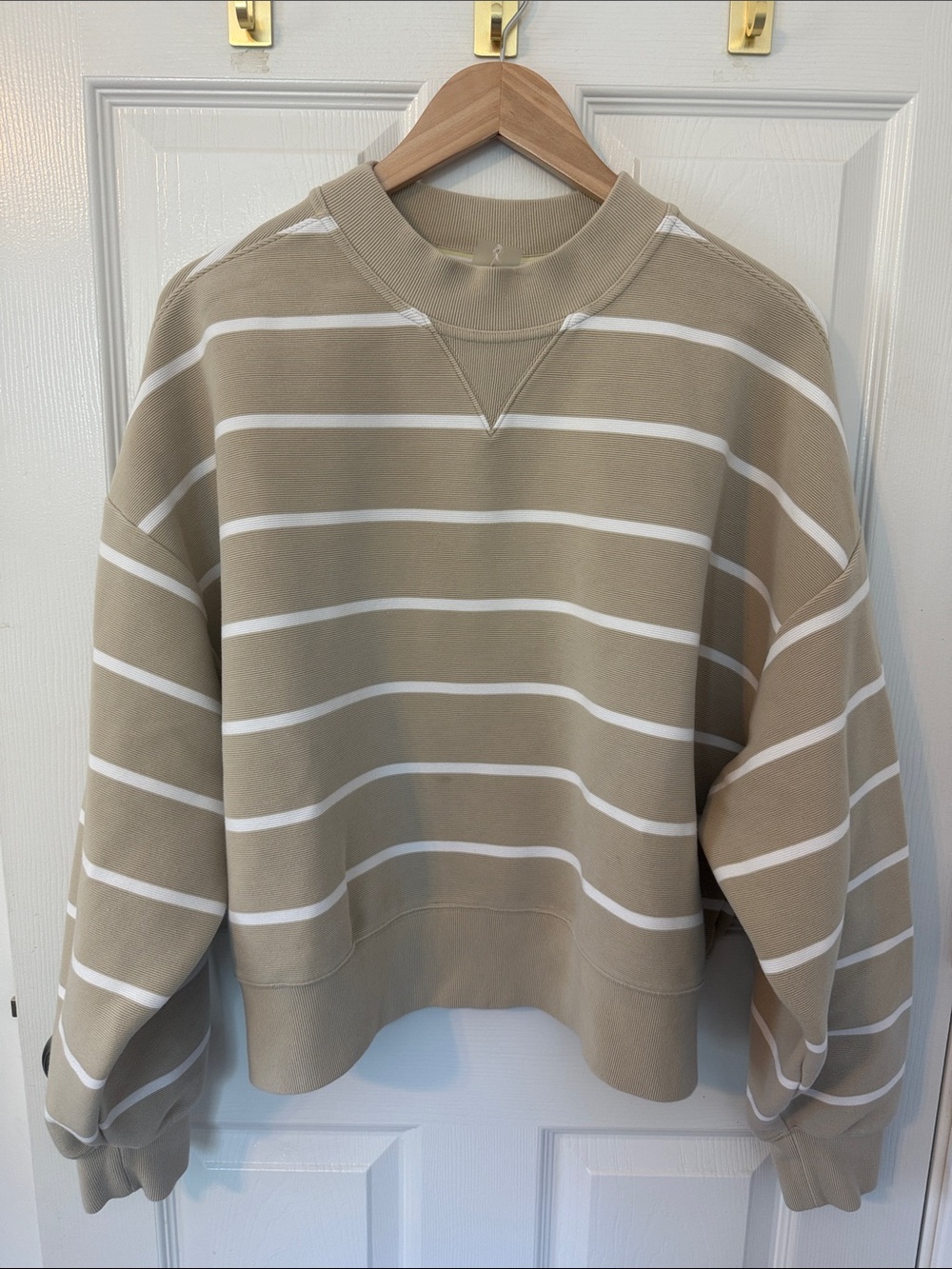Women's Beige Striped Crew Sweatshirt - Relaxed Fit